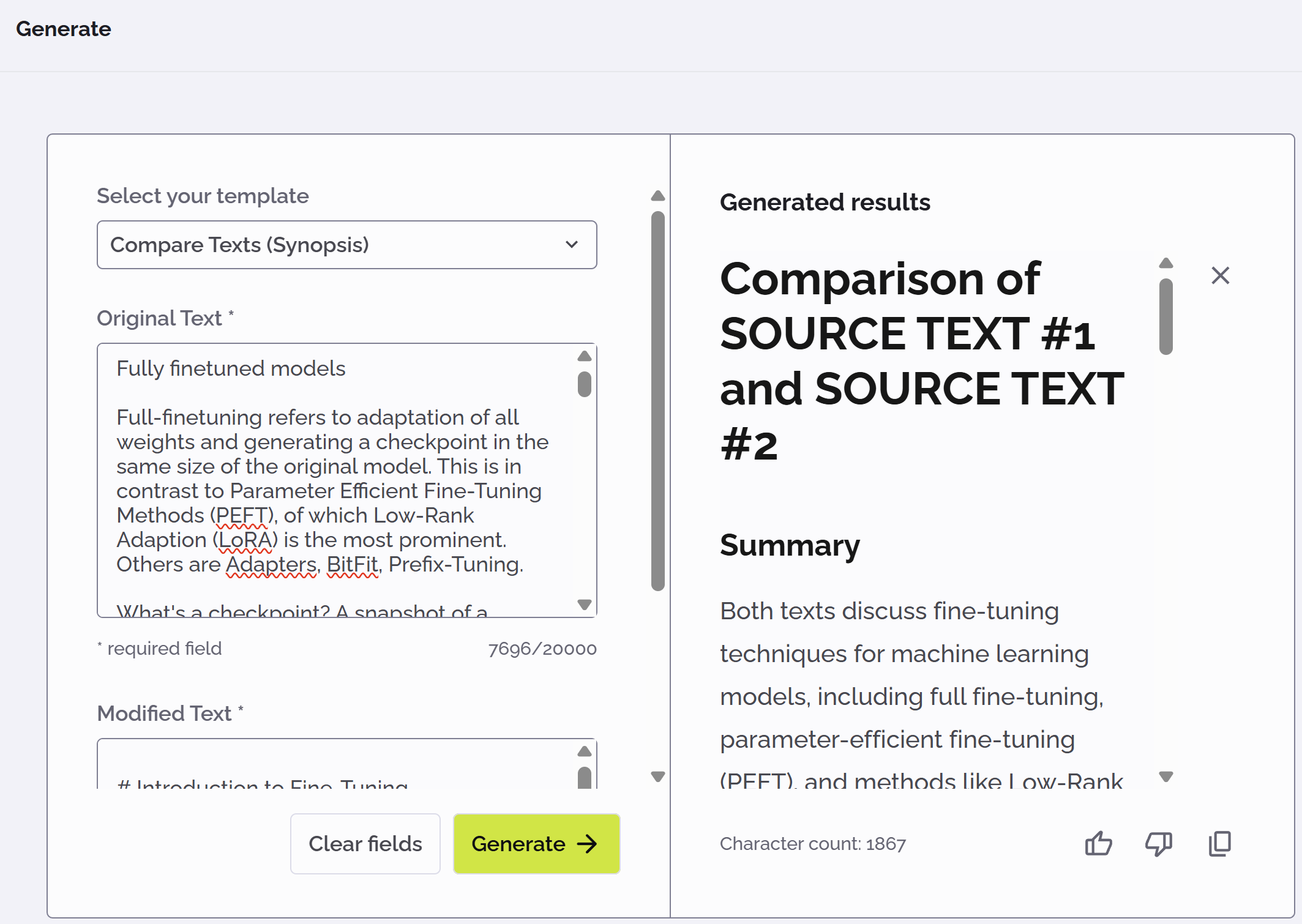 PhariaAssistant Generation - compare texts