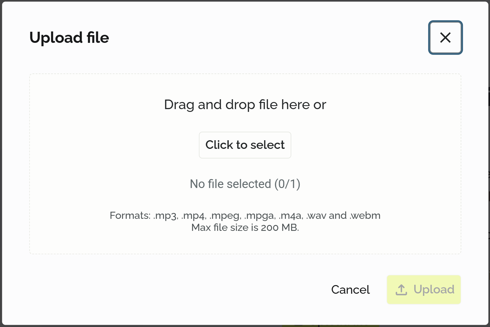 PhariaAssistant Transcription upload file popup