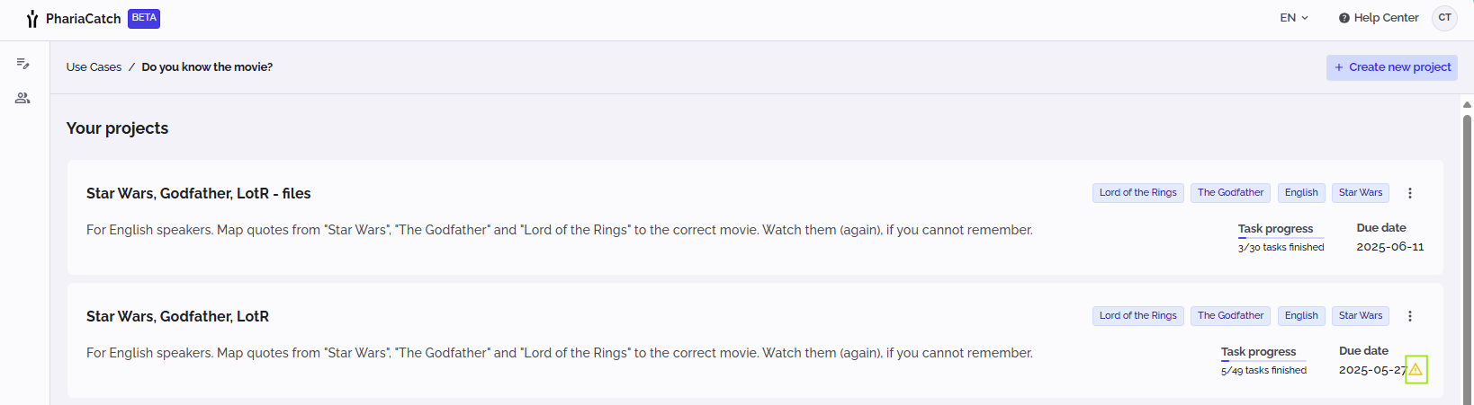 PhariaCatch - Your Projects overview page