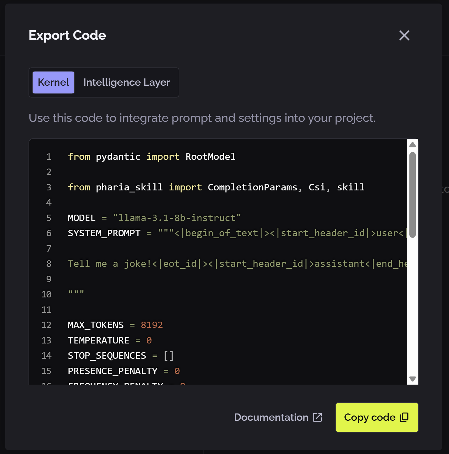 PhariaStudio - code export box