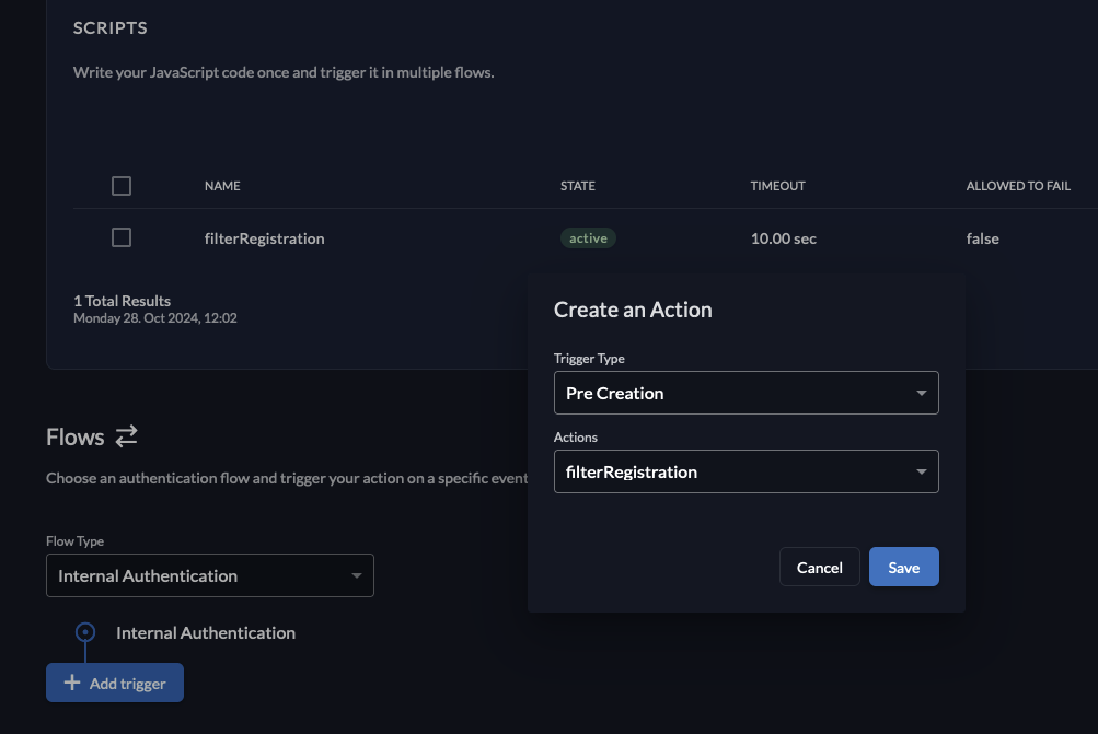 Zitadel: set action trigger