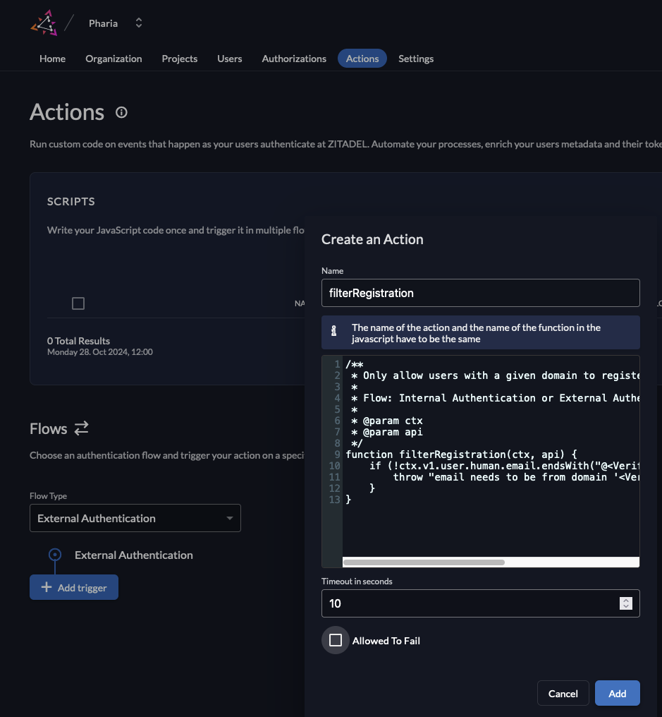 Zitadel: create an action