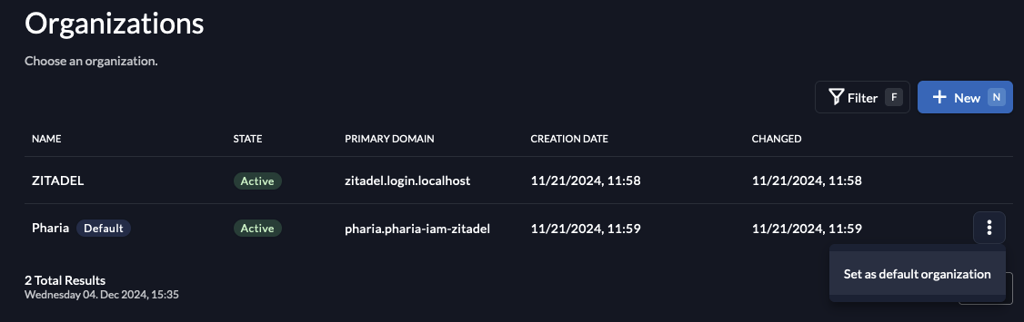Zitadel: set default organization