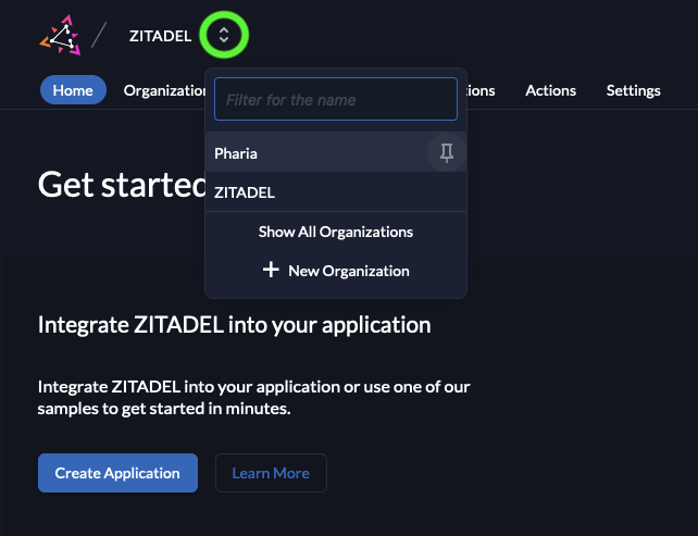 Zitadel: select Pharia as organisation